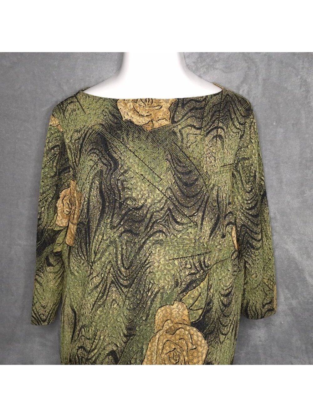 Vintage Black Label Womens Floral Print Tunic Top 2X Green & Gold 3/4 Sleeve